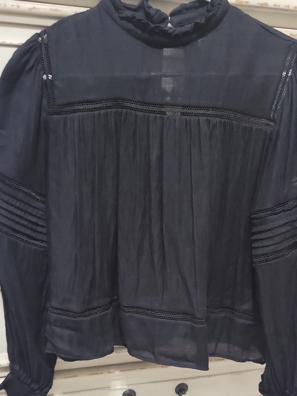Sincerely Jules Black Sheer Long-Sleeve Lace Trim Blouse